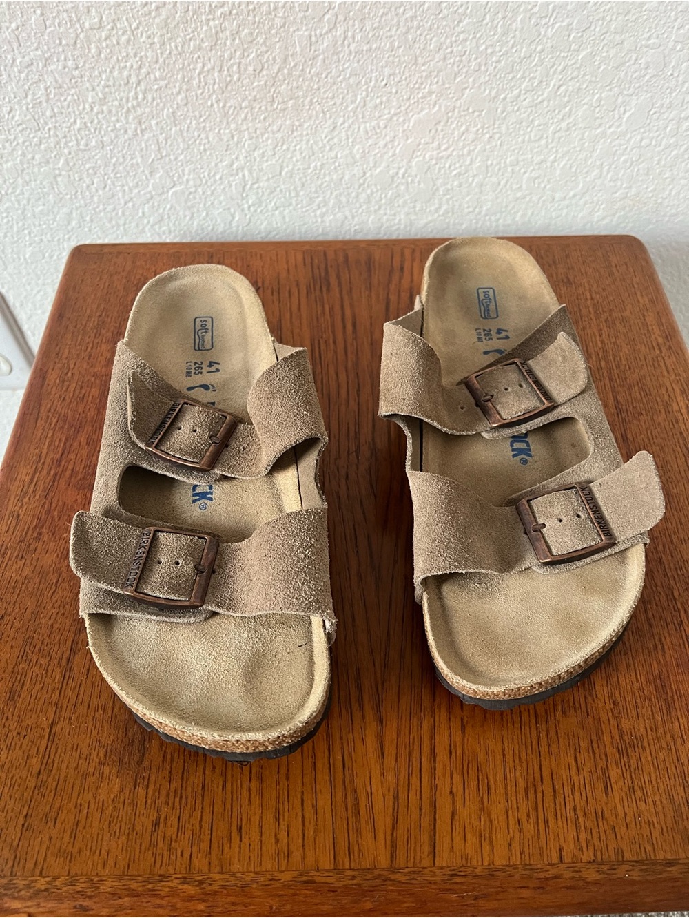Birkenstock Double Buckle Suede Slides in Taupe Brown